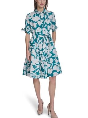 NWT Calvin Klein Teal and White Floral Shirt Dress - Women's Dress